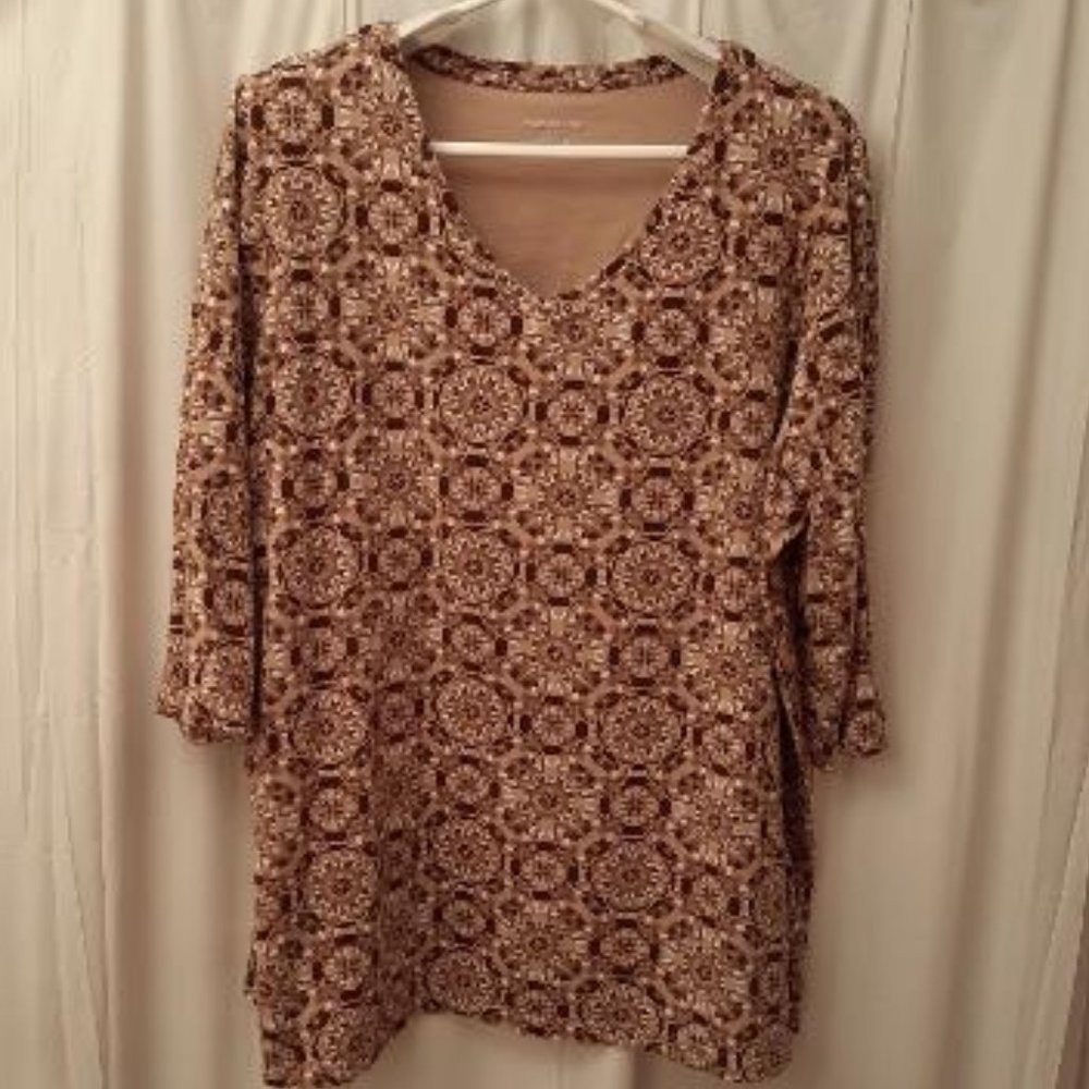 Catherines 3/4 Sleeve Tan/Brown/Peach Tee 1X